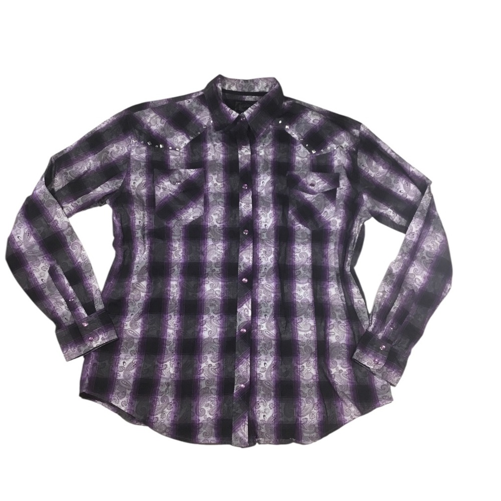 Y2K Cowgirl Hardware Purple Plaid Paisley Studded Cross Boho Western Shirt 2XL